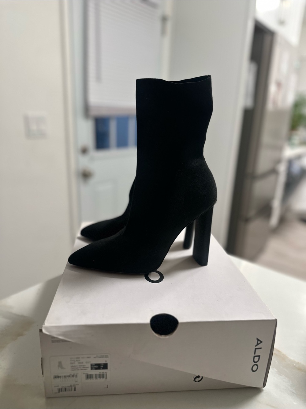 Aldo Black Pointed Sock Boot with Block Heel